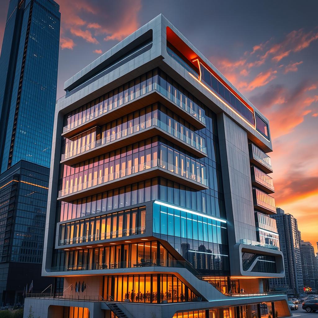 A 15-story building with a modern, futuristic, and avant-garde architectural style, featuring a combination of reflective floor-to-ceiling glass panels, smooth exposed concrete, and shiny metals