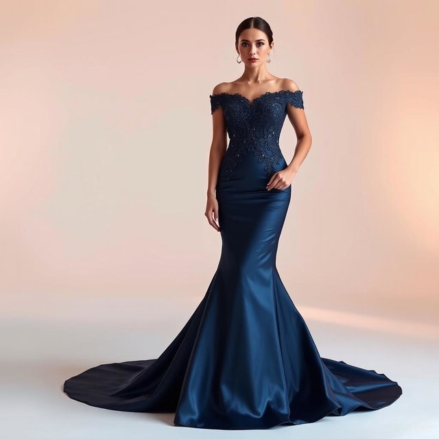 A stylish and contemporary clothing design featuring a sleek evening gown with intricate lace detailing, a shimmering satin fabric in a deep navy blue color, and an elegant off-the-shoulder neckline