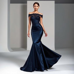 A stylish and contemporary clothing design featuring a sleek evening gown with intricate lace detailing, a shimmering satin fabric in a deep navy blue color, and an elegant off-the-shoulder neckline