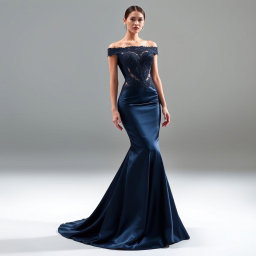 A stylish and contemporary clothing design featuring a sleek evening gown with intricate lace detailing, a shimmering satin fabric in a deep navy blue color, and an elegant off-the-shoulder neckline