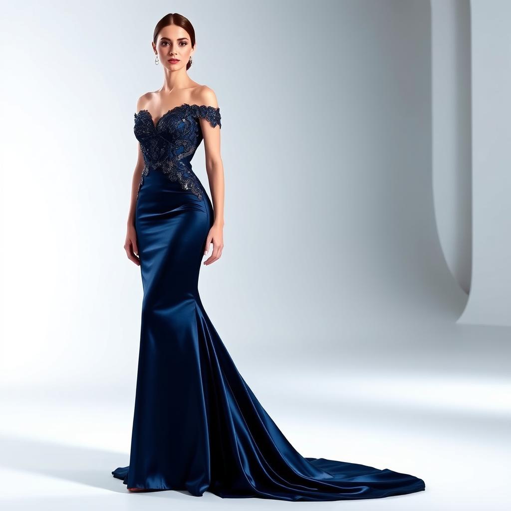 A stylish and contemporary clothing design featuring a sleek evening gown with intricate lace detailing, a shimmering satin fabric in a deep navy blue color, and an elegant off-the-shoulder neckline