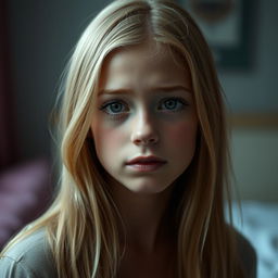 A beautiful, slim, ordinary blonde girl with tears glistening in her eyes