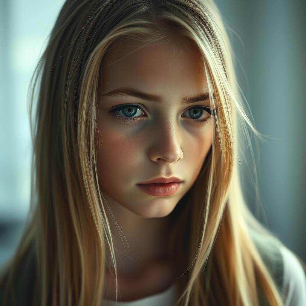 A beautiful, slim, ordinary blonde girl with tears glistening in her eyes