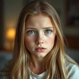 A beautiful, slim, ordinary blonde girl with tears glistening in her eyes