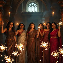 A scene depicting a group of strong, confident women in elegant sarees, displaying expressions of joy and power