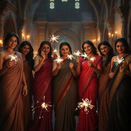 A scene depicting a group of strong, confident women in elegant sarees, displaying expressions of joy and power