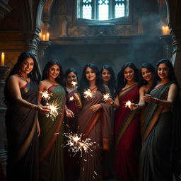 A scene depicting a group of strong, confident women in elegant sarees, displaying expressions of joy and power