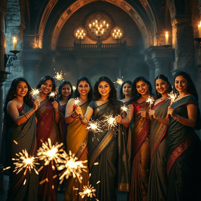 A scene depicting a group of strong, confident women in elegant sarees, displaying expressions of joy and power