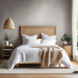 A serene bedroom scene featuring a beautiful Venetian plaster wall, an inviting white linen-covered bed, and a stylish rattan headboard.