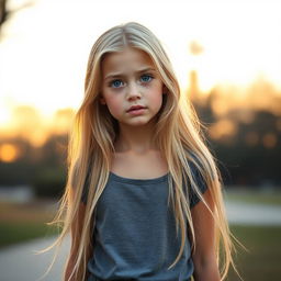 A beautiful, slim, ordinary blonde girl standing in full length with tears glistening in her eyes