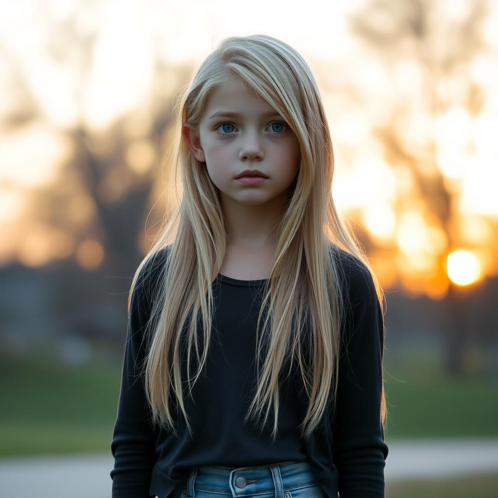 A beautiful, slim, ordinary blonde girl standing in full length with tears glistening in her eyes