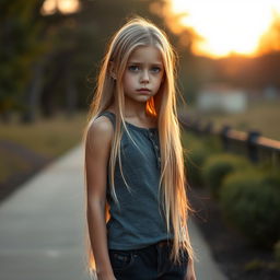 A beautiful, slim, ordinary blonde girl standing in full length with tears glistening in her eyes