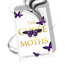 An elegant white book cover design featuring the title 'The Curse of the Moths' in striking gold lettering