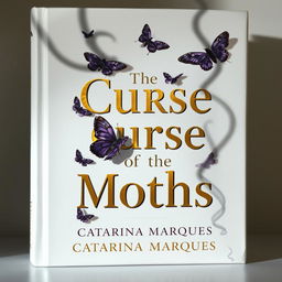 An elegant white book cover design featuring the title 'The Curse of the Moths' in striking gold lettering