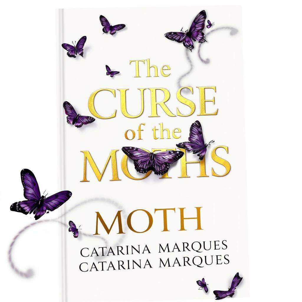 An elegant white book cover design featuring the title 'The Curse of the Moths' in striking gold lettering