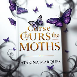 An elegant white book cover design featuring the title 'The Curse of the Moths' in striking gold lettering