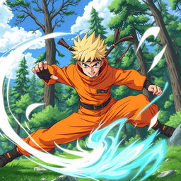 A dynamic illustration of a ninja in a vibrant, action-packed scene, inspired by anime styles