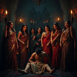 In a grand, ominous castle setting, several powerful women dressed in luxurious, intricate sarees are gathered in a dimly lit room, illuminated by flickering torches