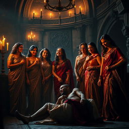 In a grand, ominous castle setting, several powerful women dressed in luxurious, intricate sarees are gathered in a dimly lit room, illuminated by flickering torches