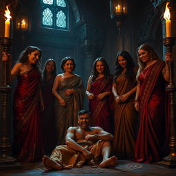 In a grand, ominous castle setting, several powerful women dressed in luxurious, intricate sarees are gathered in a dimly lit room, illuminated by flickering torches