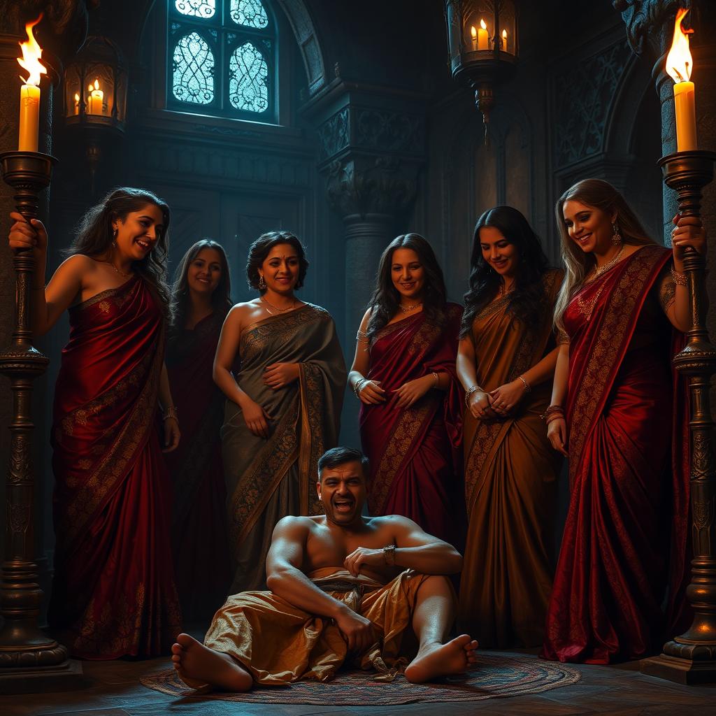 In a grand, ominous castle setting, several powerful women dressed in luxurious, intricate sarees are gathered in a dimly lit room, illuminated by flickering torches