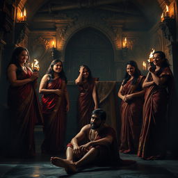 In a grand, ominous castle setting, several powerful women dressed in luxurious, intricate sarees are gathered in a dimly lit room, illuminated by flickering torches
