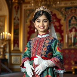 A 9-year-old girl wearing an exquisite royal Qajar era dress, featuring intricate patterns and vibrant colors