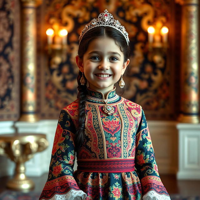 A 9-year-old girl wearing an exquisite royal Qajar era dress, featuring intricate patterns and vibrant colors