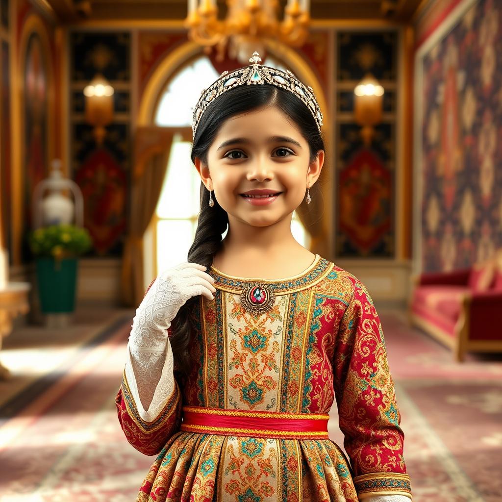 A 9-year-old girl wearing an exquisite royal Qajar era dress, featuring intricate patterns and vibrant colors