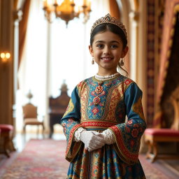 A 9-year-old girl wearing an exquisite royal Qajar era dress, featuring intricate patterns and vibrant colors