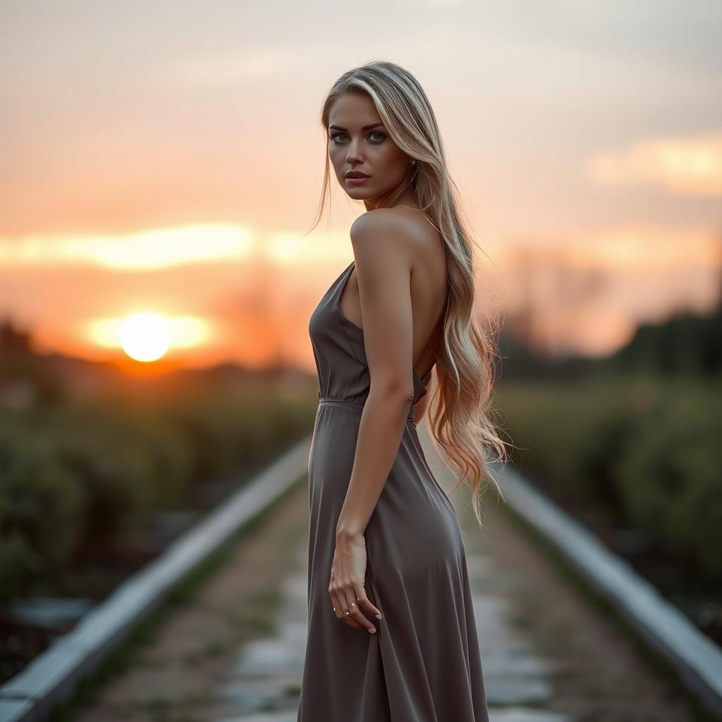 A beautiful, slim, blonde lady standing in full length with tears glistening in her eyes