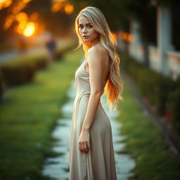 A beautiful, slim, blonde lady standing in full length with tears glistening in her eyes