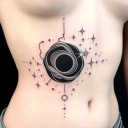 A minimalistic tattoo design featuring cosmic elements including a nebula with flowing patterns, a black hole with swirling edges, scattered stars in varying sizes, a bright quasar emitting beams of light, and a white dwarf highlighted with subtle details