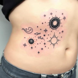 A minimalistic tattoo design featuring cosmic elements including a nebula with flowing patterns, a black hole with swirling edges, scattered stars in varying sizes, a bright quasar emitting beams of light, and a white dwarf highlighted with subtle details