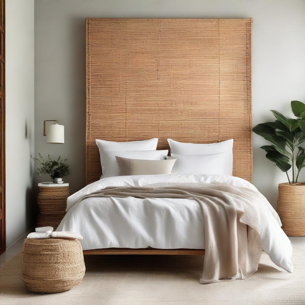 A serene bedroom scene featuring a beautiful Venetian plaster wall, an inviting white linen-covered bed, and a stylish rattan headboard.