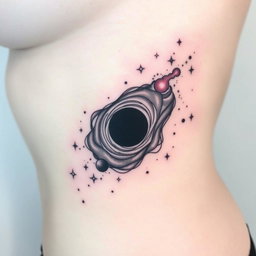 A minimalistic tattoo design featuring cosmic elements including a nebula with flowing patterns, a black hole with swirling edges, scattered stars in varying sizes, a bright quasar emitting beams of light, and a white dwarf highlighted with subtle details
