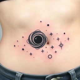 A minimalistic tattoo design featuring cosmic elements including a nebula with flowing patterns, a black hole with swirling edges, scattered stars in varying sizes, a bright quasar emitting beams of light, and a white dwarf highlighted with subtle details