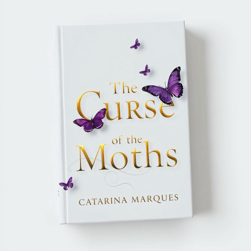 A minimalist white book cover featuring the title "The Curse of the Moths" in elegant gold lettering, with the author's name "Catarina Marques" also in gold