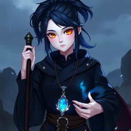 A character inspired by Dungeons and Dragons, with dark blue hair styled in a high ponytail that has an ethereal glow