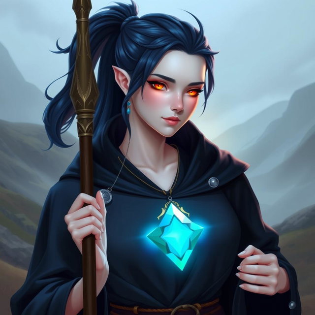 A character inspired by Dungeons and Dragons, with dark blue hair styled in a high ponytail that has an ethereal glow