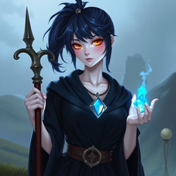 A character inspired by Dungeons and Dragons, with dark blue hair styled in a high ponytail that has an ethereal glow