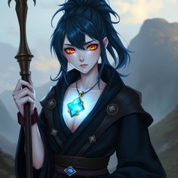 A character inspired by Dungeons and Dragons, with dark blue hair styled in a high ponytail that has an ethereal glow