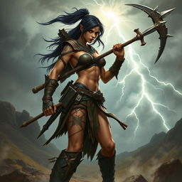 A fierce female Goliath fighter with dark hair, wielding a colossal glaive in one hand, while in her other hand, she expertly holds a lightning-infused javelin