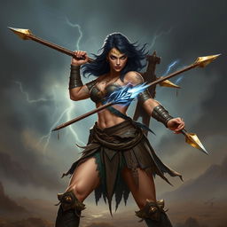 A fierce female Goliath fighter with dark hair, wielding a colossal glaive in one hand, while in her other hand, she expertly holds a lightning-infused javelin