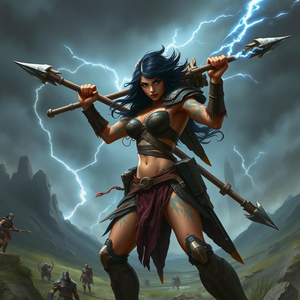 A fierce female Goliath fighter with dark hair, wielding a colossal glaive in one hand, while in her other hand, she expertly holds a lightning-infused javelin