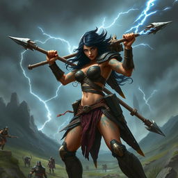 A fierce female Goliath fighter with dark hair, wielding a colossal glaive in one hand, while in her other hand, she expertly holds a lightning-infused javelin