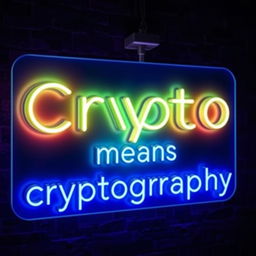 A realistic neon sign that glows in vibrant colors, displaying the phrase 'Crypto means cryptography'