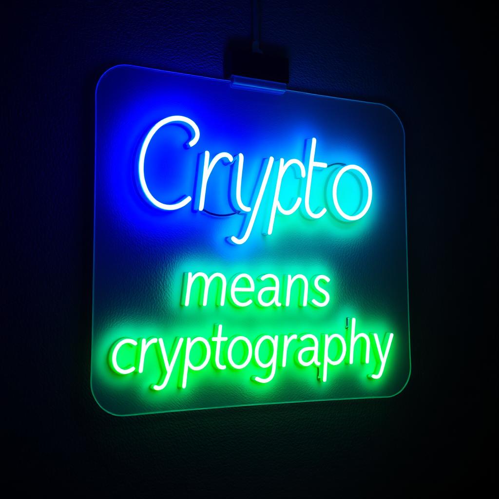 A realistic neon sign that glows in vibrant colors, displaying the phrase 'Crypto means cryptography'