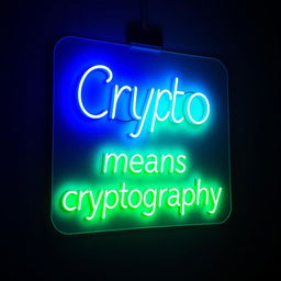 A realistic neon sign that glows in vibrant colors, displaying the phrase 'Crypto means cryptography'