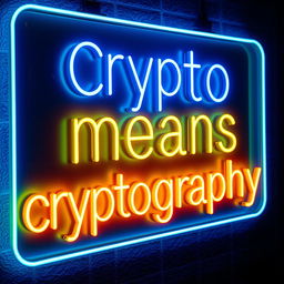 A realistic neon sign that glows in vibrant colors, displaying the phrase 'Crypto means cryptography'